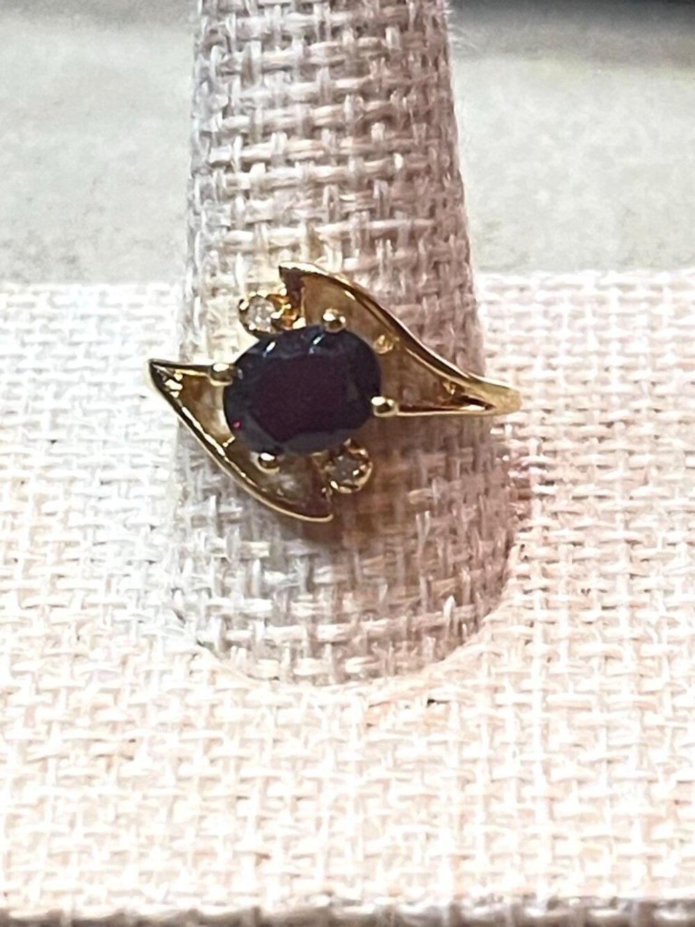 Vintage 80s Gold Plated Faux Ruby Bypass Cocktail Ring Size 5.75